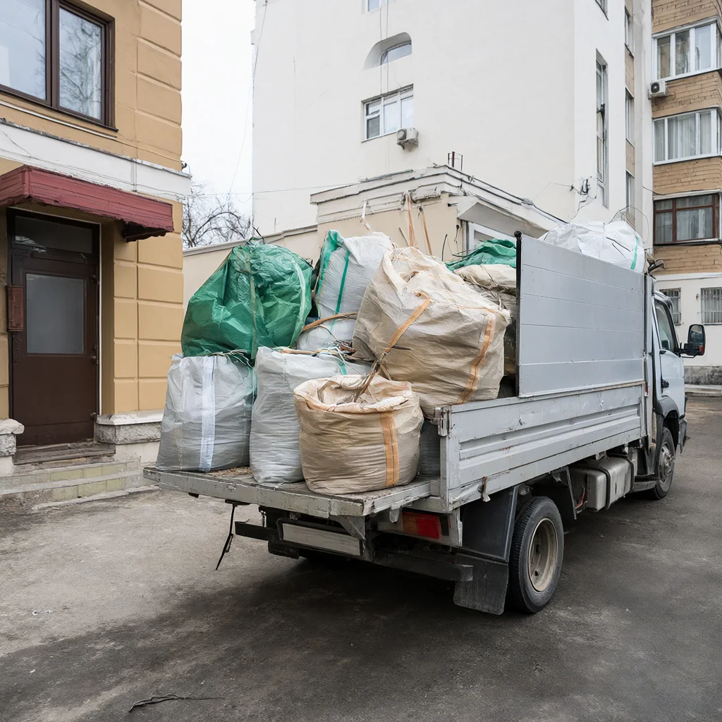 Грузовик с мусором у подъезда